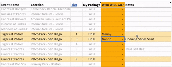 Modify game assignments and notes easily on the Full Season GUI sheet.