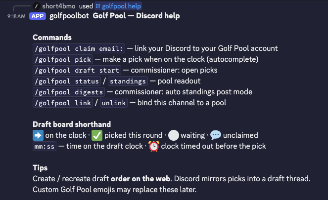 Discord bot help slash-command lists available commands and decodes emoji shorthand, with link to full user guide.