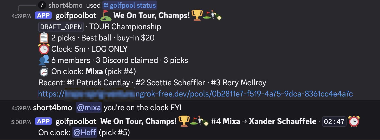 Discord thread where golfpoolbot reports DRAFT_OPEN for the Tour Championship, then Mixa picking Xander Schauffele and Heff going on the clock.