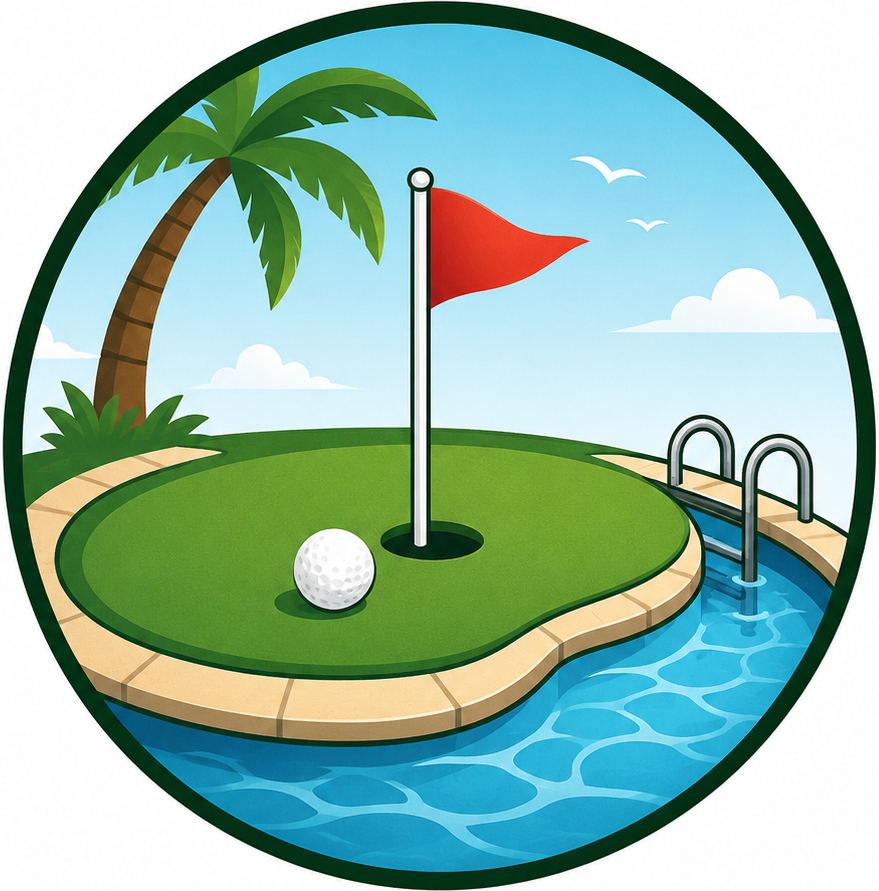 Golf Pool logo: putting green situated in the middle of a tropical pool.