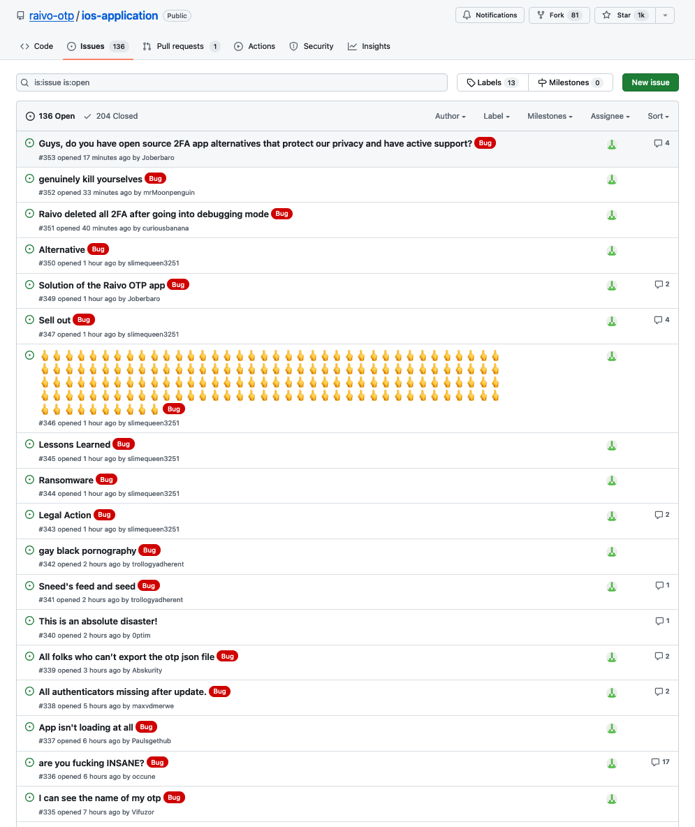 Raivo OTP Github Issues Screenshot